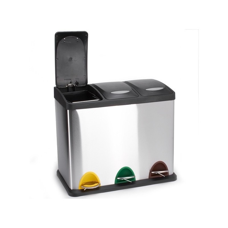 MSV Pattumiera a Pedale in Acciaio Inox da 24 Litri con 3 Scomparti Rimovibili da 8 Litri - Moderna, Silenziosa e Antiodore per Raccolta Differenziata in Cucina e All'Aperto