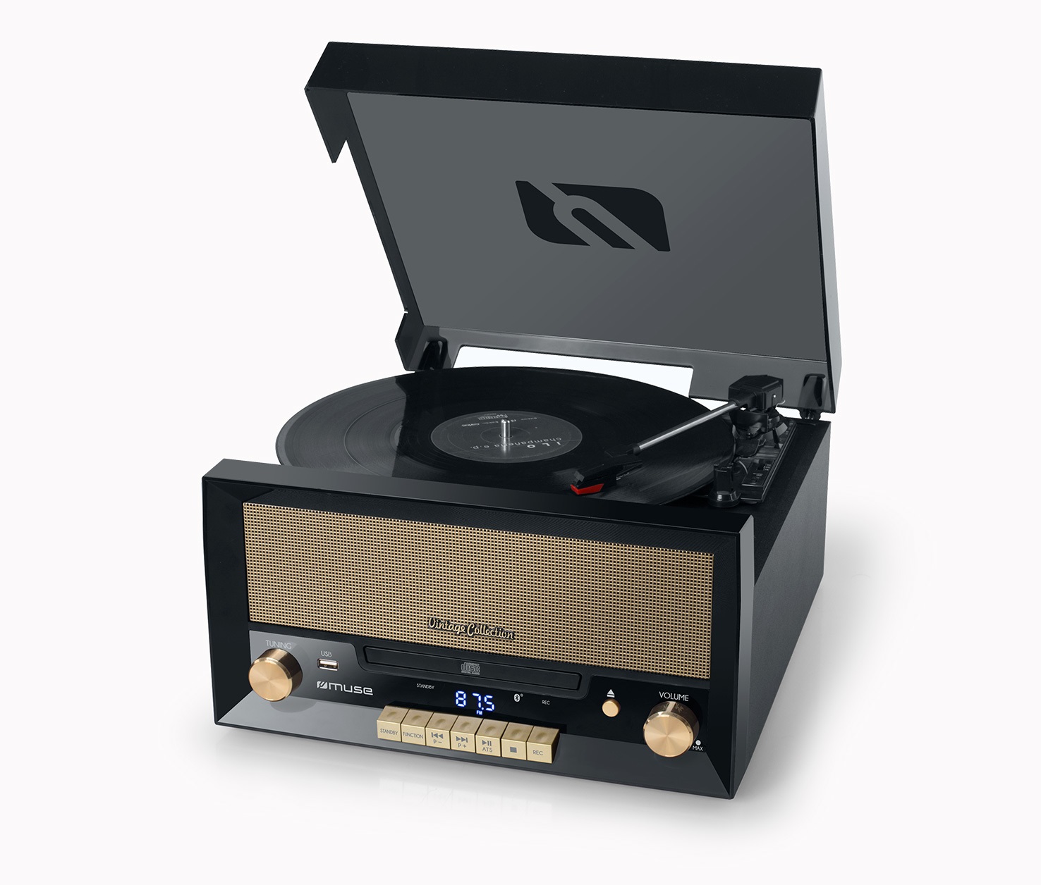 Muse MT-110B Giradischi Retro con USB, AUX IN, CD, Bluetooth, Altoparlante, Nero