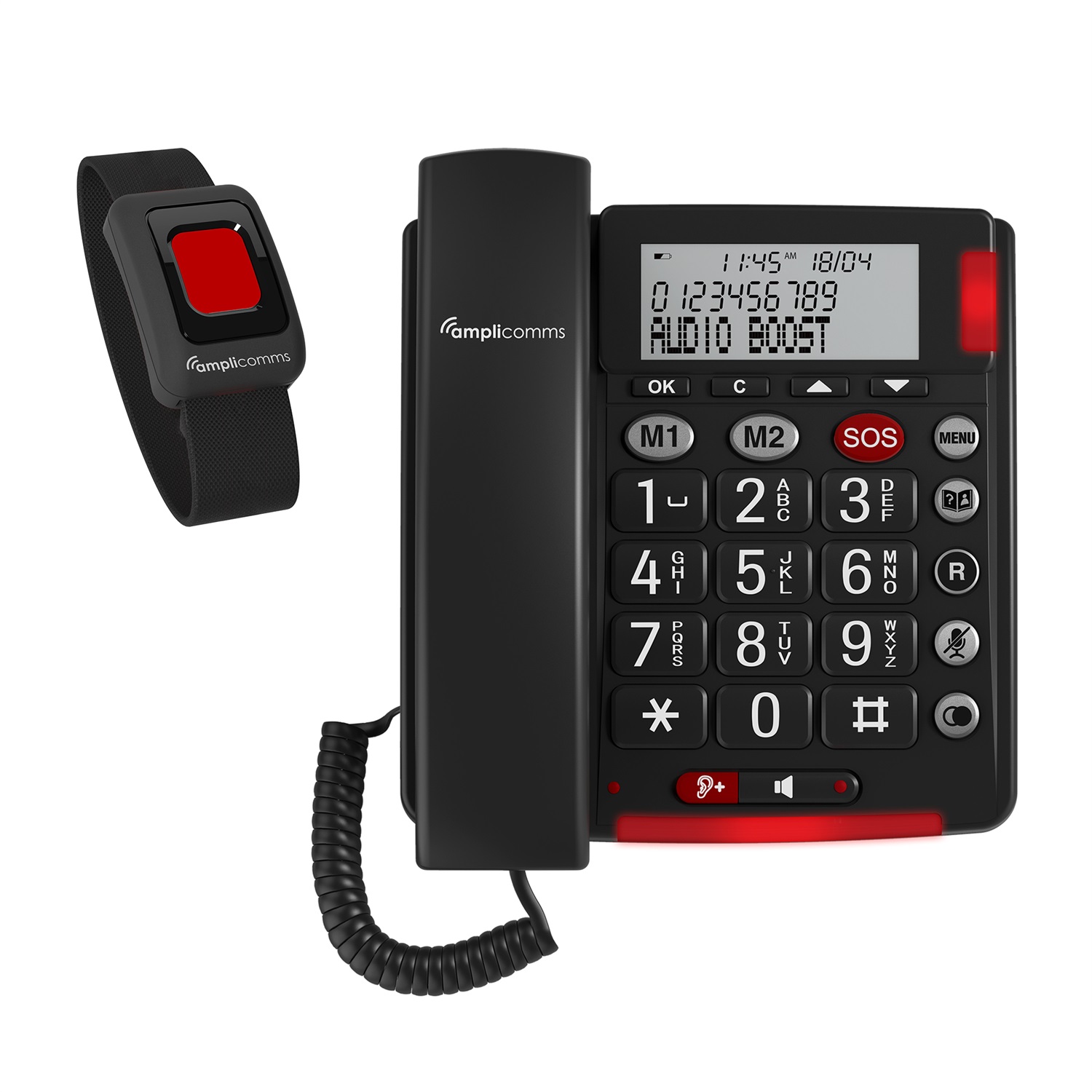 Amplicomms BigTel 50 Alarm Plus - Telefono con Tasti Grandi, Pulsante SOS e Braccialetto di Emergenza, Compatibile con Apparecchi Acustici