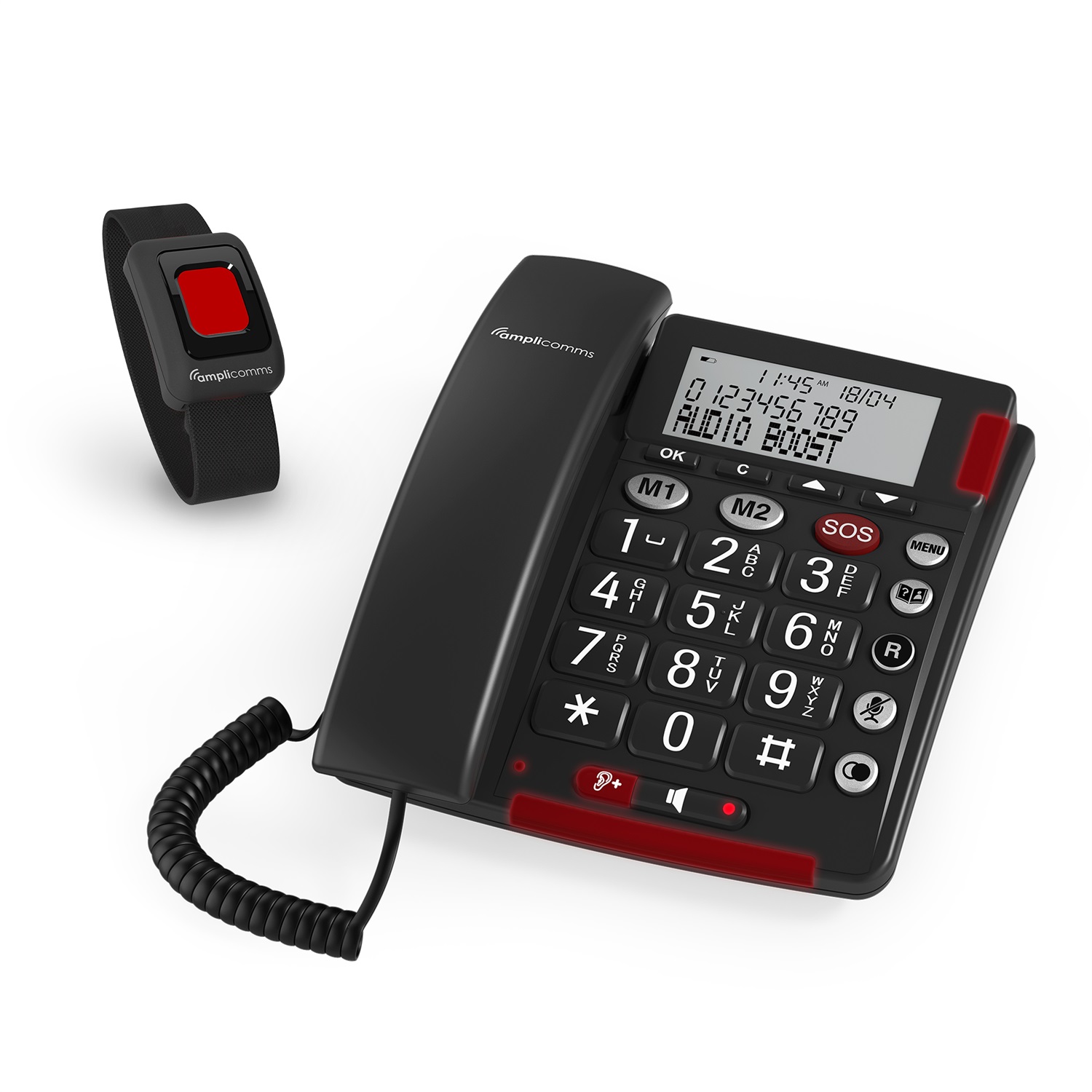Amplicomms BigTel 50 Alarm Plus - Telefono con Tasti Grandi, Pulsante SOS e Braccialetto di Emergenza, Compatibile con Apparecchi Acustici