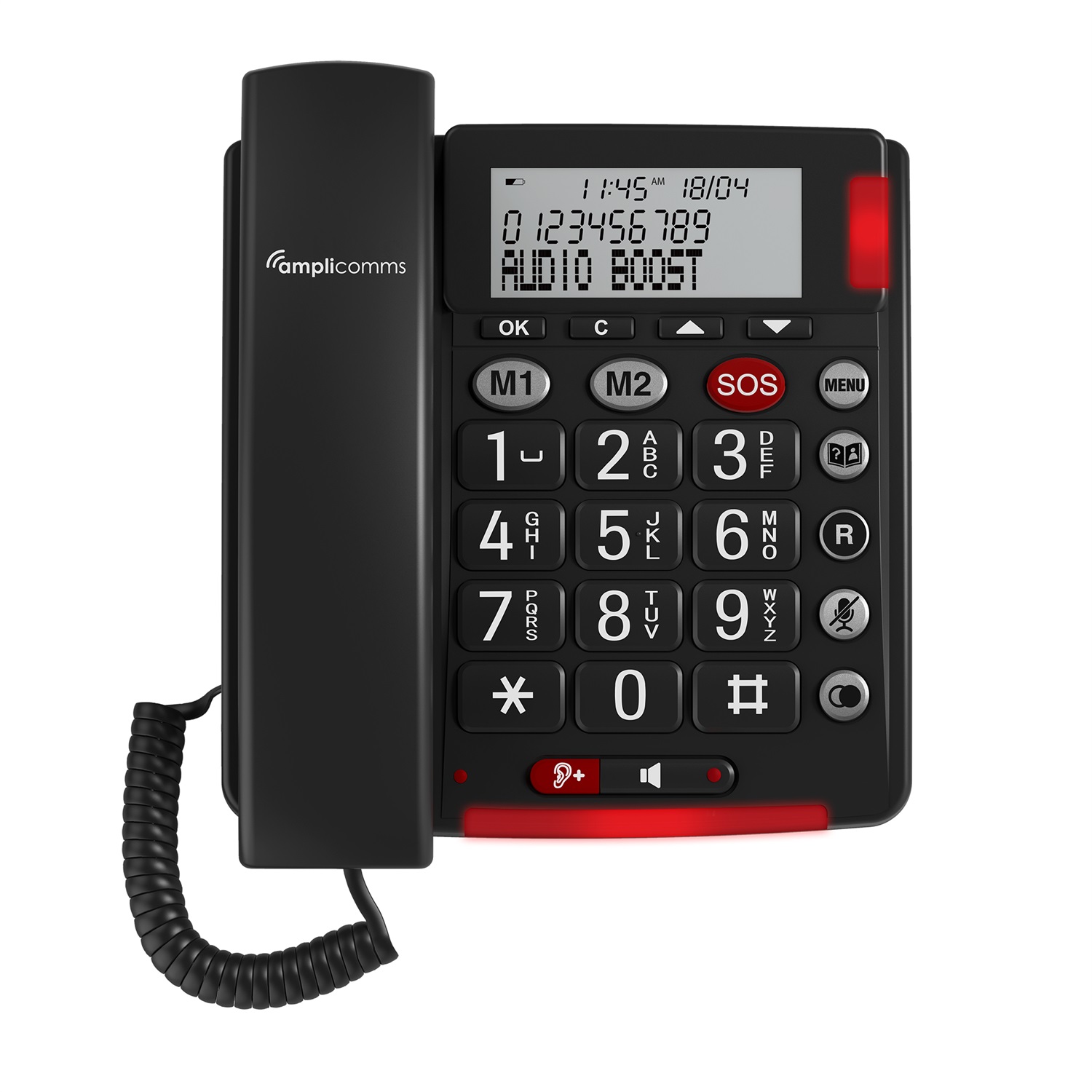 Amplicomms BigTel 50 Alarm Plus - Telefono con Tasti Grandi, Pulsante SOS e Braccialetto di Emergenza, Compatibile con Apparecchi Acustici