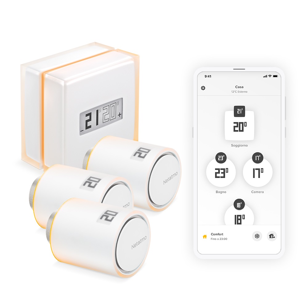 Netatmo Kit Termostato Intelligente con 3 Valvole Termostatiche Intelligenti - Controllo Remoto Wi-Fi, Risparmio Energetico e Compatibile con Riscaldamento Individuale