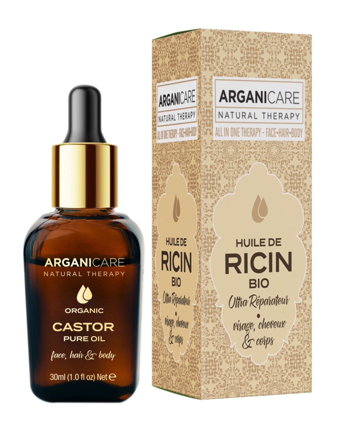 Arganicare Olio di Ricino Biologico 3-1 50 ml - Previene l'invecchiamento, Riduce cicatrici e smagliature, Alta idratazione