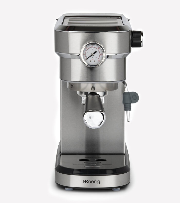 H.Koenig EXP820 Macchina per Espresso Professionale 20 Bar in Acciaio Inox con Serbatoio da 1,1L, Sistema Thermoblock, Scaldatazze e Schiumatore, 1350W