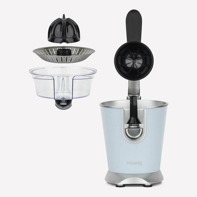 H.Koenig AGR86 Spremiagrumi Elettrico Professionale 160 W in Acciaio Inox Blu Pastello, Automatico e Silenzioso con Beccuccio Antigoccia, Senza BPA