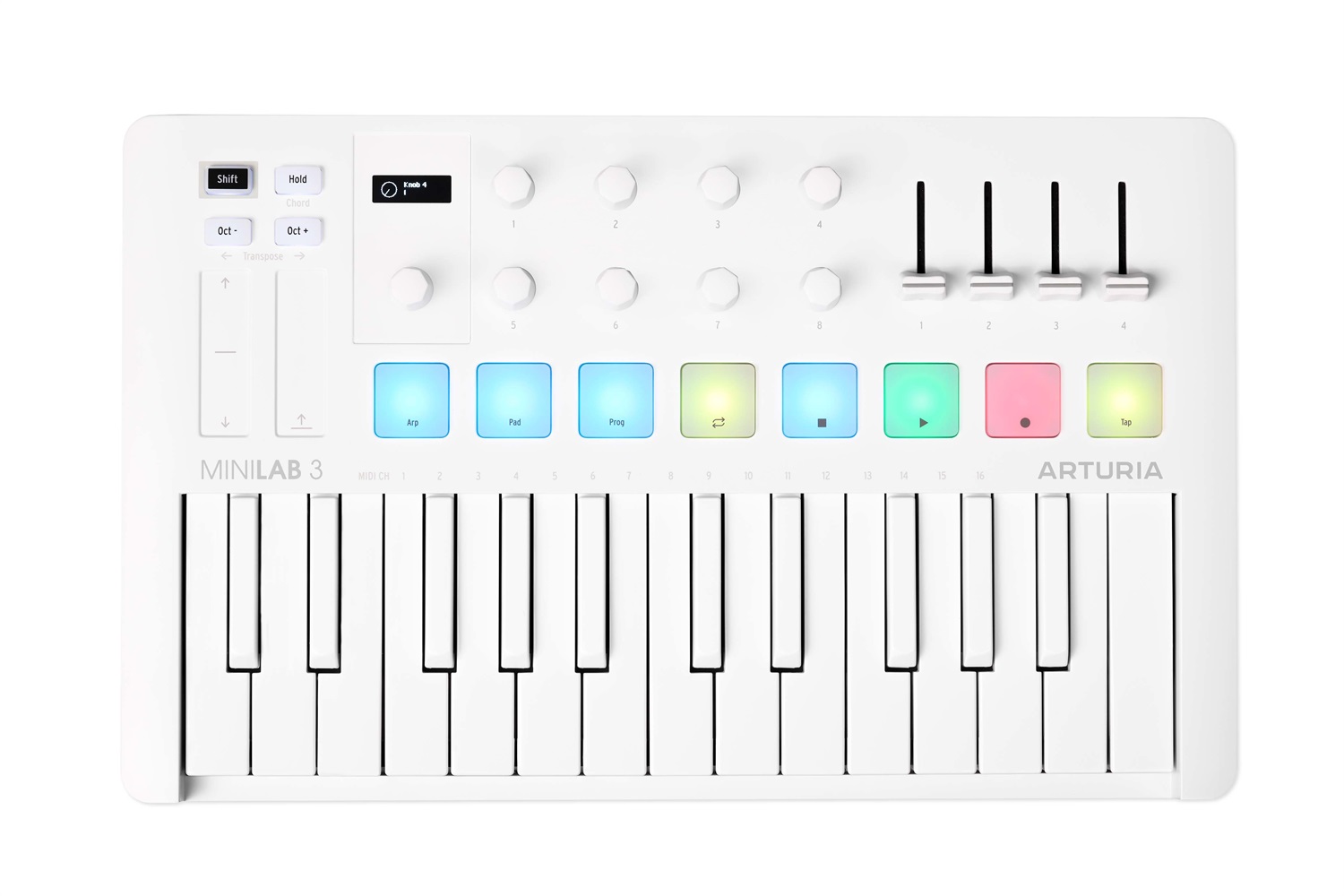 Arturia MiniLab 3 - Tastiera MIDI 25 tasti Slim-Key USB-C con 8 pad LED retroilluminati, 8 manopole, 4 fader, arpeggiatore integrato e pacchetto software