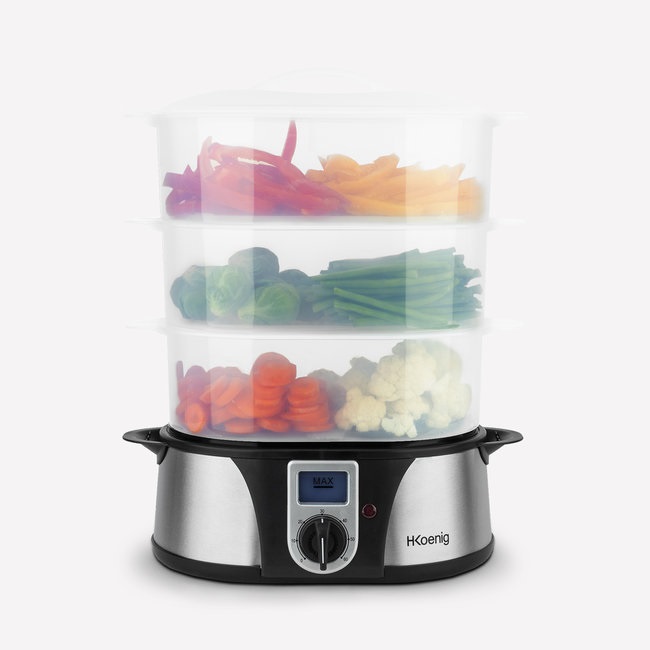 H.Koenig VAP12 Vaporiera Elettrica 12L in Acciaio Inox, Multifunzione Programmabile, 3 Cestelli Impilabili, Timer 60min