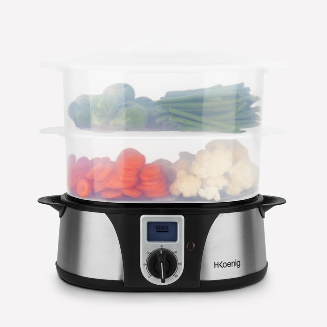 H.Koenig VAP12 Vaporiera Elettrica 12L in Acciaio Inox, Multifunzione Programmabile, 3 Cestelli Impilabili, Timer 60min