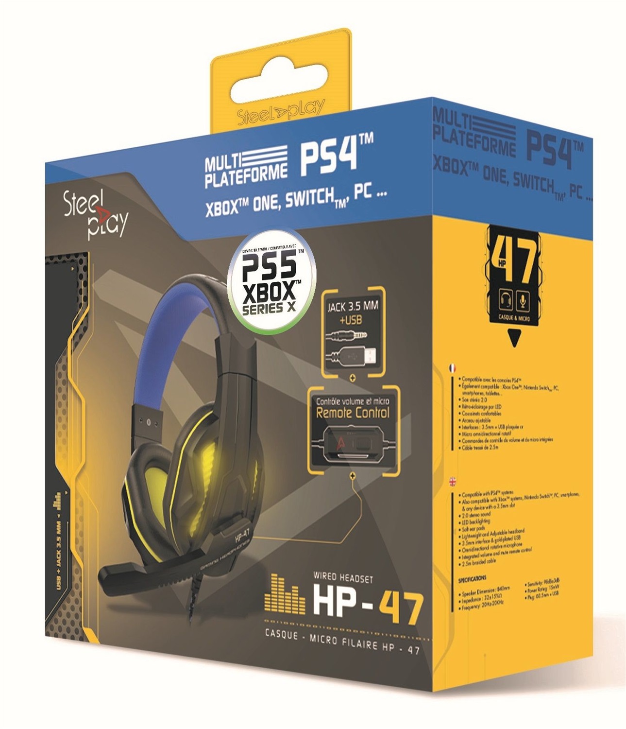 Steelplay HP-47 - Cuffie da Gioco Cablate Stereo con Microfono Rotante e Controllo per PS4, Xbox One, PC e Mac - Nero/Giallo