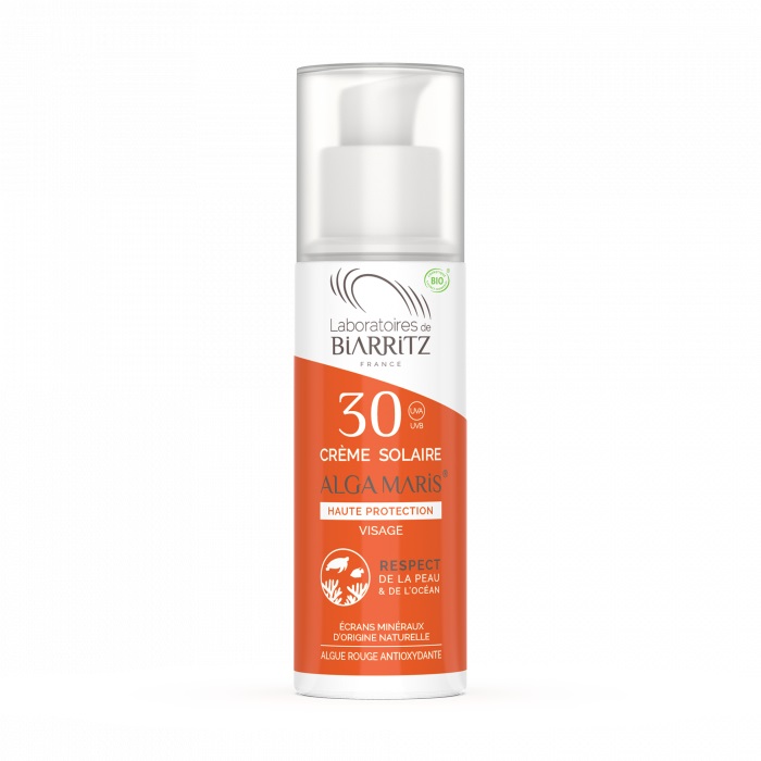 Laboratoires de Biarritz Crema Solare Viso SPF 30 - 50 ml, Protezione Minerale UVA/UVB, Alta Resistenza all'Acqua, Profumo di Cocco e Karité