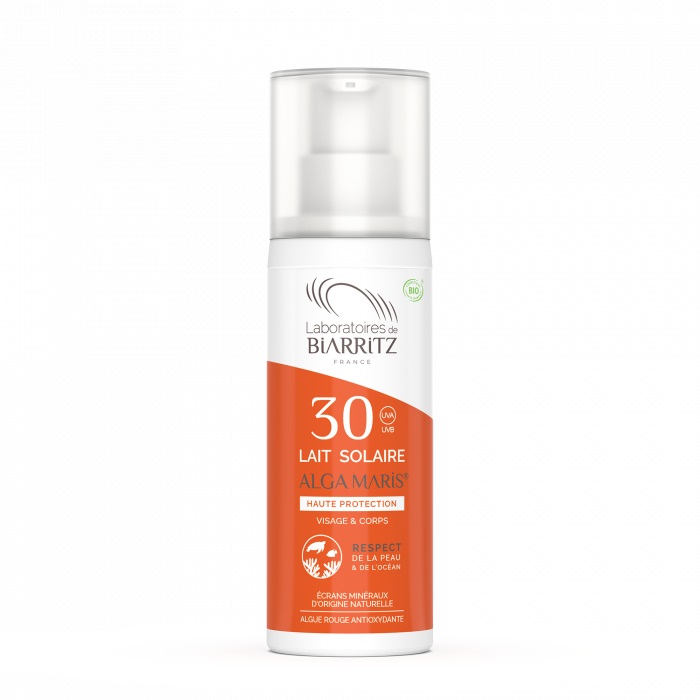 Laboratoires de Biarritz Latte Solare Bio FPS30 - Protezione Minerale per Viso e Corpo, Profumo di Cocco e Karité, Eccellente Resistenza all'Acqua