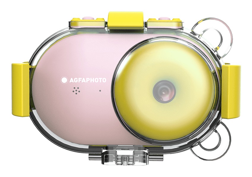 AgfaPhoto Realikids Cam - Fotocamera Digitale Impermeabile per Bambini 16 MP CMOS Rosa e Giallo, Display LCD 2,4'' e Video HD