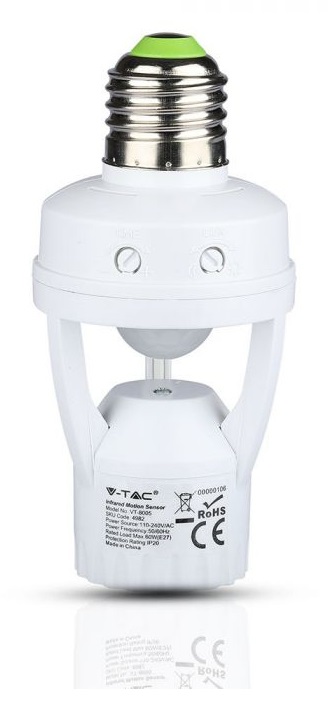 V-TAC Portalampada E27 con Sensore di Movimento Infrarossi 360° e Crepuscolare Max 60W IP20