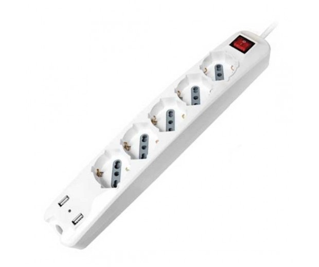 V-TAC Multipresa 5 Prese 10/16A Bipasso Shuko con 2 USB e Interruttore Luminoso, Cavo 1,5 m, Bianco
