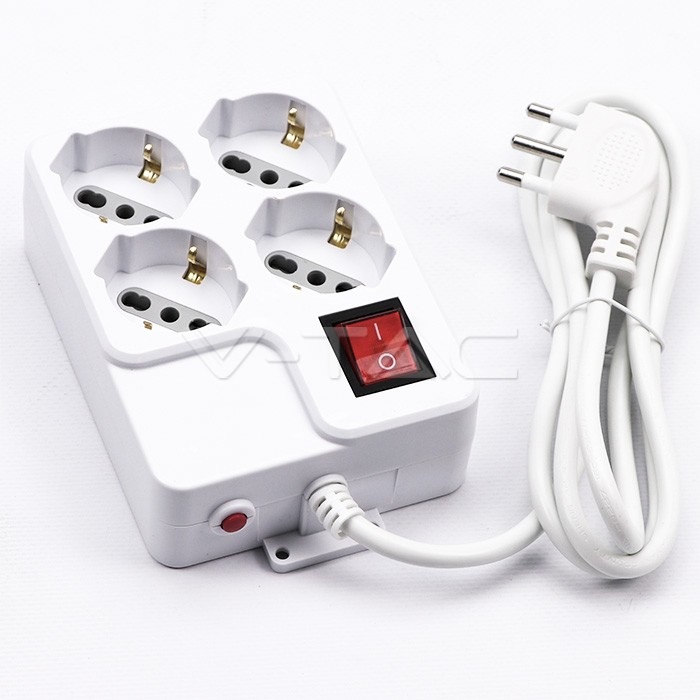 V-TAC Multipresa Ciabatta 4 Posti Bipasso/Schuko con Cavo 1,5 m e Interruttore Luminoso ON/OFF - Protezione Termica Ripristinabile