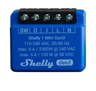 Shelly 1 Mini Gen3 - Interruttore Relè Intelligente WiFi e Bluetooth, 1 Canale, 8A, Contatti Puliti, Compatibile con Alexa e Google Home