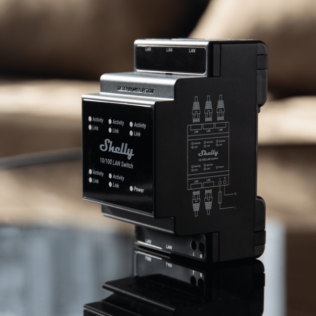 Shelly LAN Switch - Interruttore Ethernet Intelligente 5 Porte RJ45 10/100 Mbps per Guida DIN, 110-230 V, Senza Ventola, Risparmio Energetico, Installazione Facile