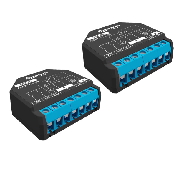 Shelly Plus 2PM - Interruttore Intelligente Wi-Fi e Bluetooth, 2 Canali, 16A, Misurazione Consumo, Compatibile con Alexa e Google Home, 2 Pezzi, Nero e Blu