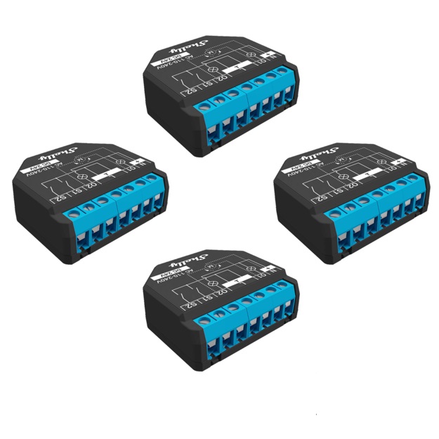 Shelly Plus 2PM - Interruttore Intelligente 2 Canali, 16A, Misurazione Consumo, Wi-Fi e Bluetooth, Automazione Tapparelle, Compatibile con Alexa e Google Home, App iOS e Android (Pack x 4, Nero)