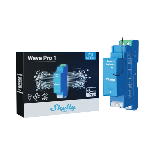 Shelly Qubino Wave Pro 1 - Interruttore Intelligente Z-Wave a 1 Canale, Contatti Puliti, 16A, Montaggio su Guida DIN, Ripetitore di Rete Esteso, Compatibile con SmartStart, Colore Blu