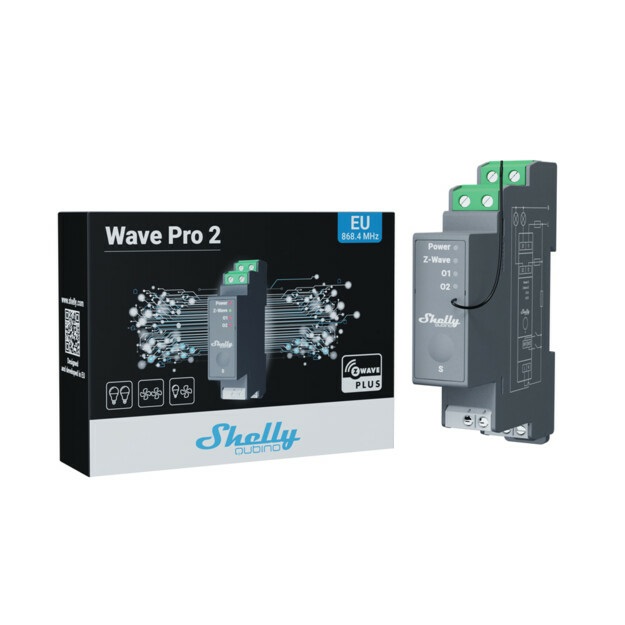Shelly Wave Pro 2 - Interruttore Intelligente Z-Wave a 2 Canali, 25 A, Montaggio su Guida DIN, Contatti Puliti, Funzione SmartStart