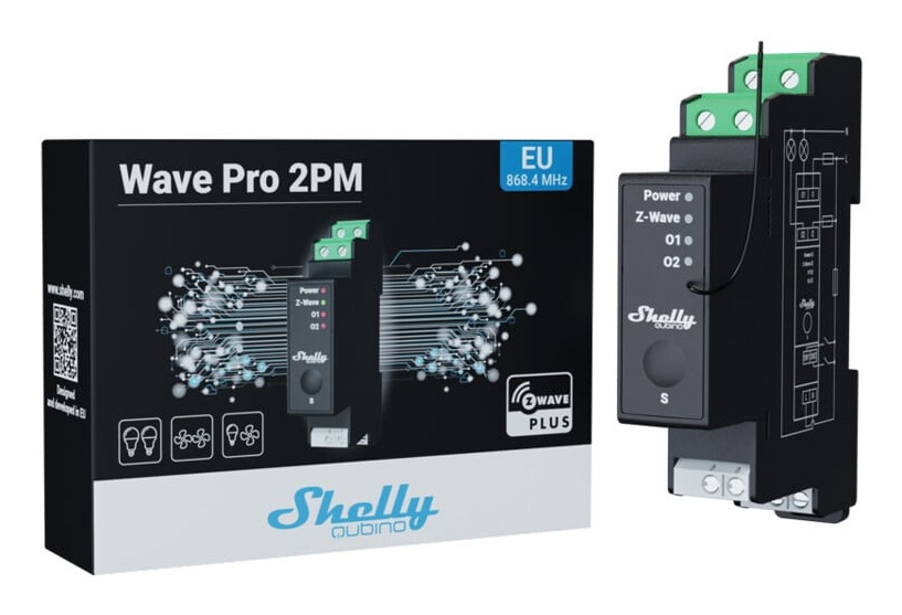 Shelly Wave Pro 2PM - Interruttore Intelligente Z-Wave con Misuratore di Consumo, 2 Canali 25A, Montaggio su Guida DIN, Controllo Remoto e Automazione
