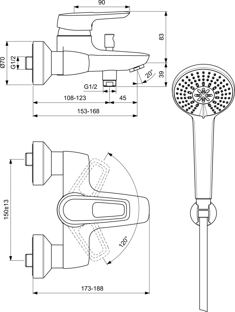Ideal Standard Ceramix Blue Rubinetto Miscelatore Esterno per Vasca/Doccia in Ottone Cromato con Accessori