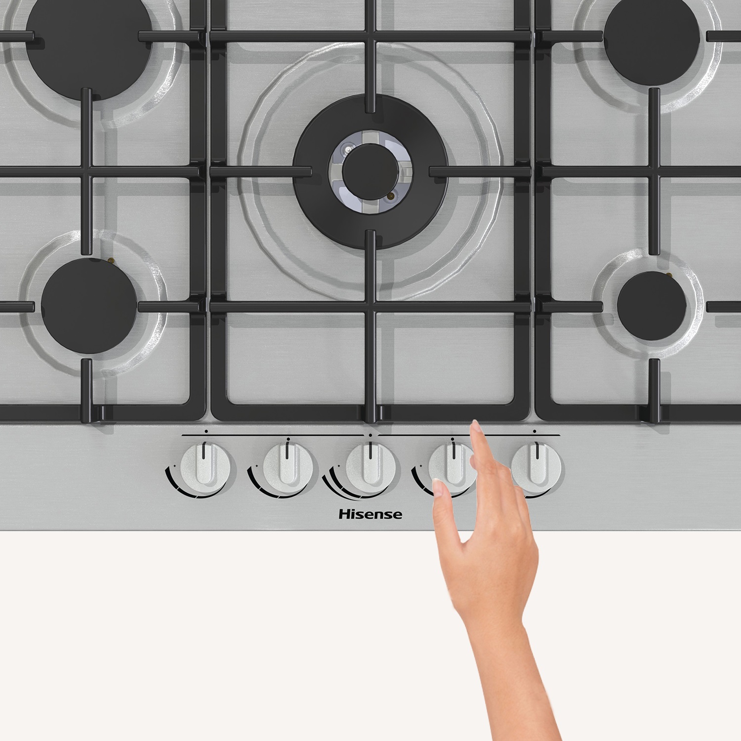 Hisense GM773XF Piano Cottura a Gas 5 Fuochi da Incasso 71 cm Acciaio Inox con Griglie in Ghisa e Bruciatore Wok