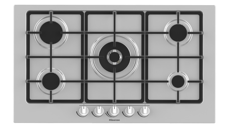 Hisense GM973XF Piano Cottura a Gas da Incasso 90 cm, 5 Zone di Cottura, Griglie in Ghisa, Accensione Elettronica, Inox Anti Impronta, Bruciatore Wok