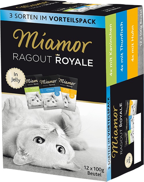 Miamor Ragout Royale in Jelly - Multibox 12 x 100 g, Alimento Umido Completo per Gatti con Coniglio, Tonno e Pollo