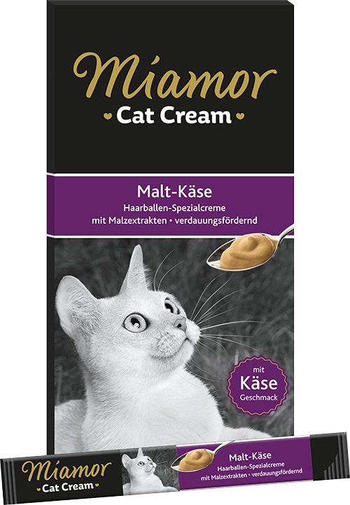 Miamor Cat Snack Malt-Cream & Formaggio - Crema per gatti, 66 confezioni da 15 g, favorisce la digestione e riduce i boli di pelo