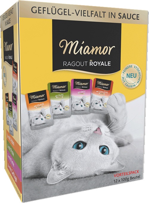 Miamor Ragù Royale Multibox 12x100g - Cibo umido per gatti con Pollame, Anatra, Tacchino e Salmone in Salsa