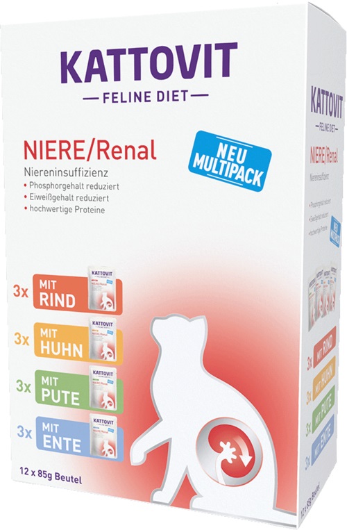 Kattovit Renal Multipack 12x85 g - Alimento dietetico completo per gatti con 4 gusti diversi, supporta la funzionalità renale
