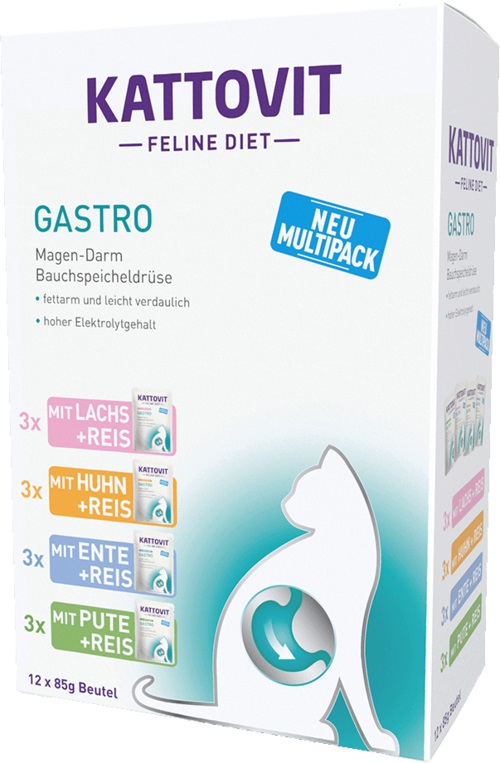 Kattovit Gastro Multipack - Alimento umido dietetico completo per gatti, 12 x 85 g, 4 gusti assortiti: Pollo, Tacchino, Anatra, Salmone