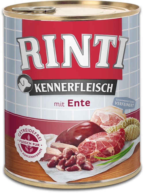 RINTI Kennerfleisch Anatra Adulto 800 g - Alimento umido ricco di carne con 70% di carne e frattaglie, con acidi grassi omega 3