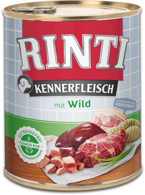 RINTI Kennerfleisch Alimento Umido per Cani Adulti - Selvaggina 800 g, 70% Carne e Frattaglie, Ricco di Omega 3