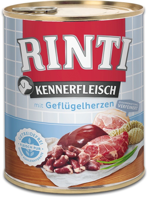 RINTI Kennerfleisch Cuori di Pollame 800 g - Cibo Umido Completo per Cani con 70% di Carne e Frattaglie, Senza Cereali e Soia