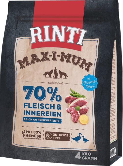 RINTI Max-i-Mum Cibo Secco per Cani Adulti con Anatra - 4 kg, 65% Carne Fresca