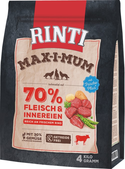 RINTI Max-i-Mum 4 kg - Alimento Completo per Cani Adulti con 65% Carne Fresca e Frattaglie