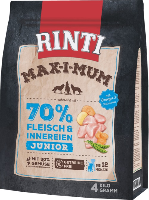 RINTI MAX-I-MUM Junior Pollo 4kg - Alimento completo per cuccioli con 65% carne fresca e omega-3
