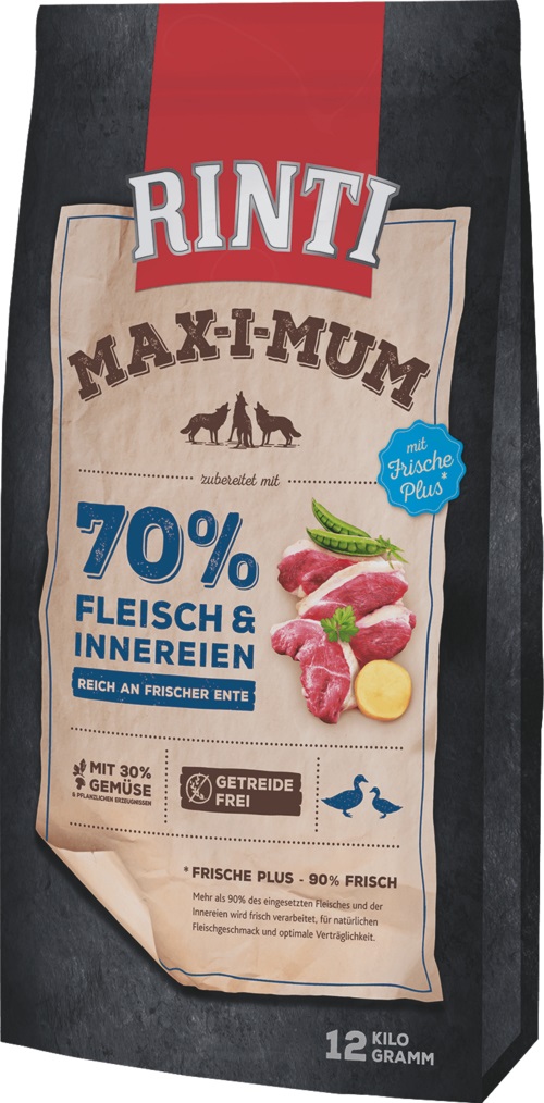 RINTI Max-i-Mum Cibo Secco per Cani Adulti con 70% di Carne di Anatra - 12 kg