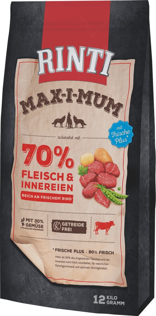 RINTI Max-i-Mum Crocchette per Cani Adulto Manzo 12 kg - 65% Carne Fresca e Senza Cereali