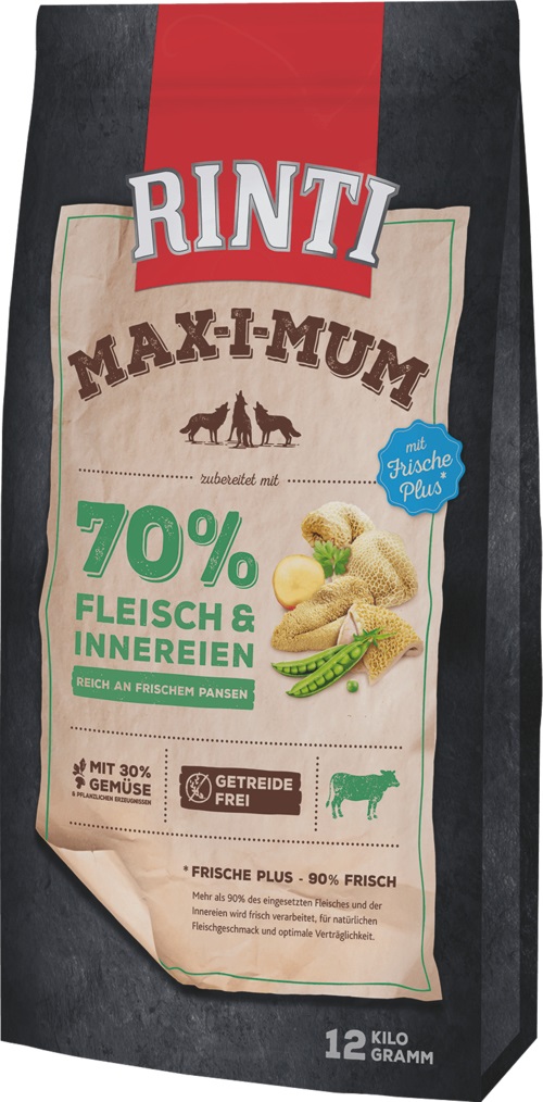 RINTI Max-i-Mum 12 kg Crocchette Secche per Cani Adulti con 65% Carne Fresca e Frattaglie