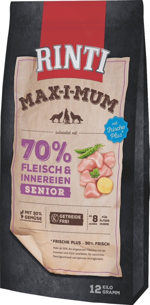 RINTI MAX-I-MUM Senior Cibo Secco per Cani Anziani con Pollo 12 kg - 65% Carne Fresca e Frattaglie, Senza Cereali
