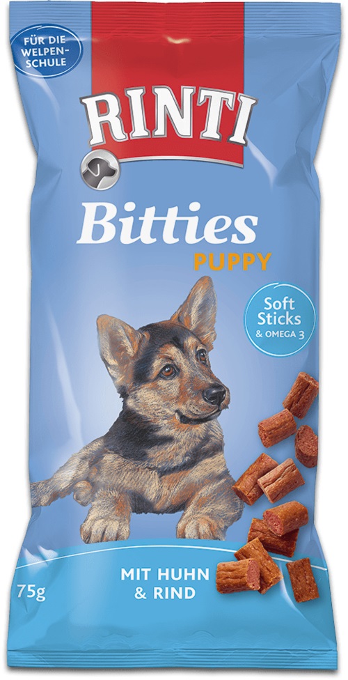 RINTI Bitties Puppy - Snack per Cuccioli Pollo & Manzo 75 g | Alimento Complementare con Omega 3, Senza Zucchero e Soia