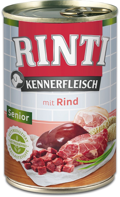 RINTI Kennerfleisch Senior Manzo 400 g - Alimento umido per cani anziani con 66% di carne, ridotto contenuto energetico e proteine