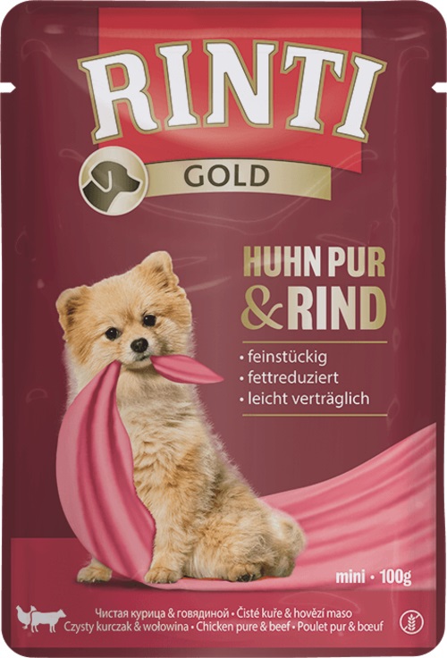 RINTI Gold Mini Cibo Umido per Cani Adulto - Pollo Puro & Manzo, 10 x 100 g, Alimento Completo per Cani Sensibili alle Allergie