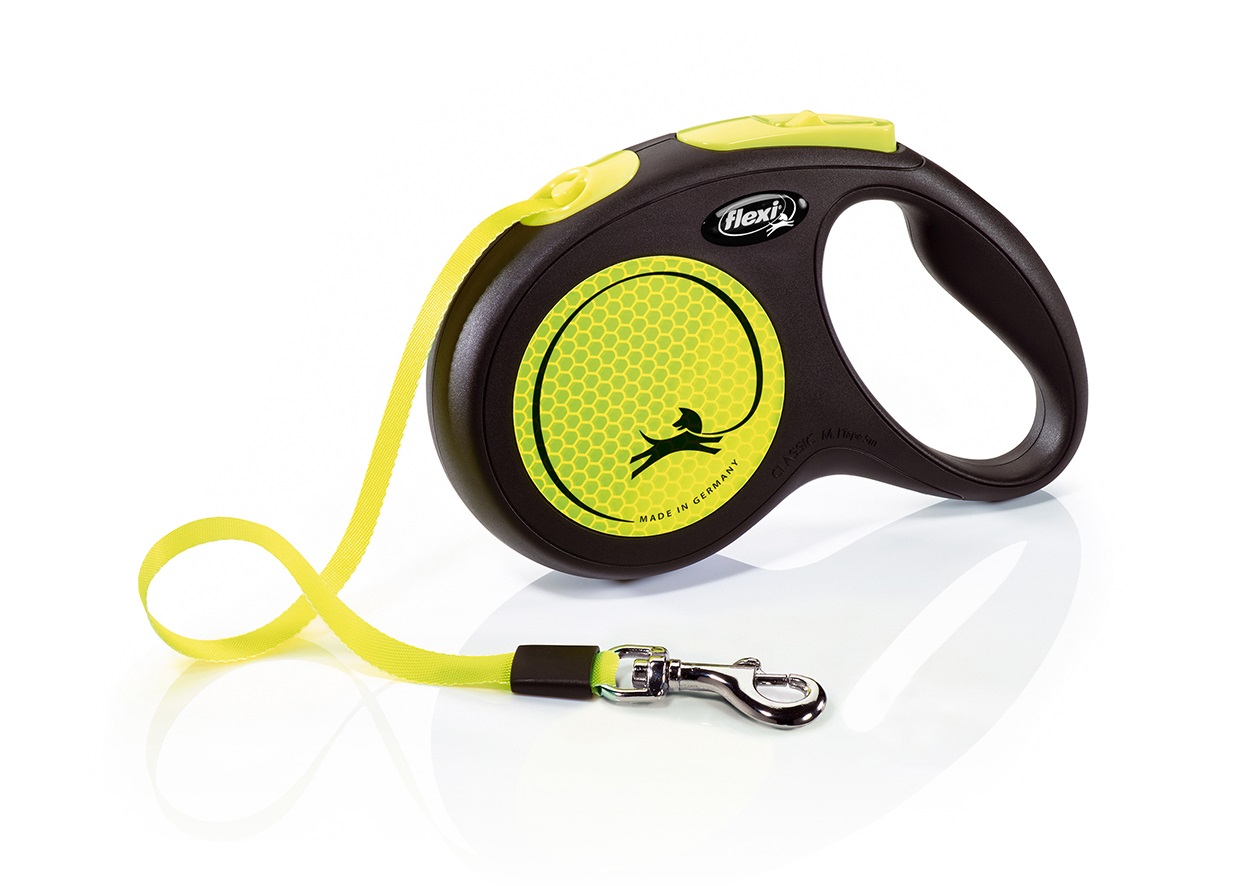 FLEXI Guinzaglio Retrattile New Neon M - Fettuccia 5 Metri, Nero e Giallo Neon, Fino a 25 kg, Ergonomico e Riflettente