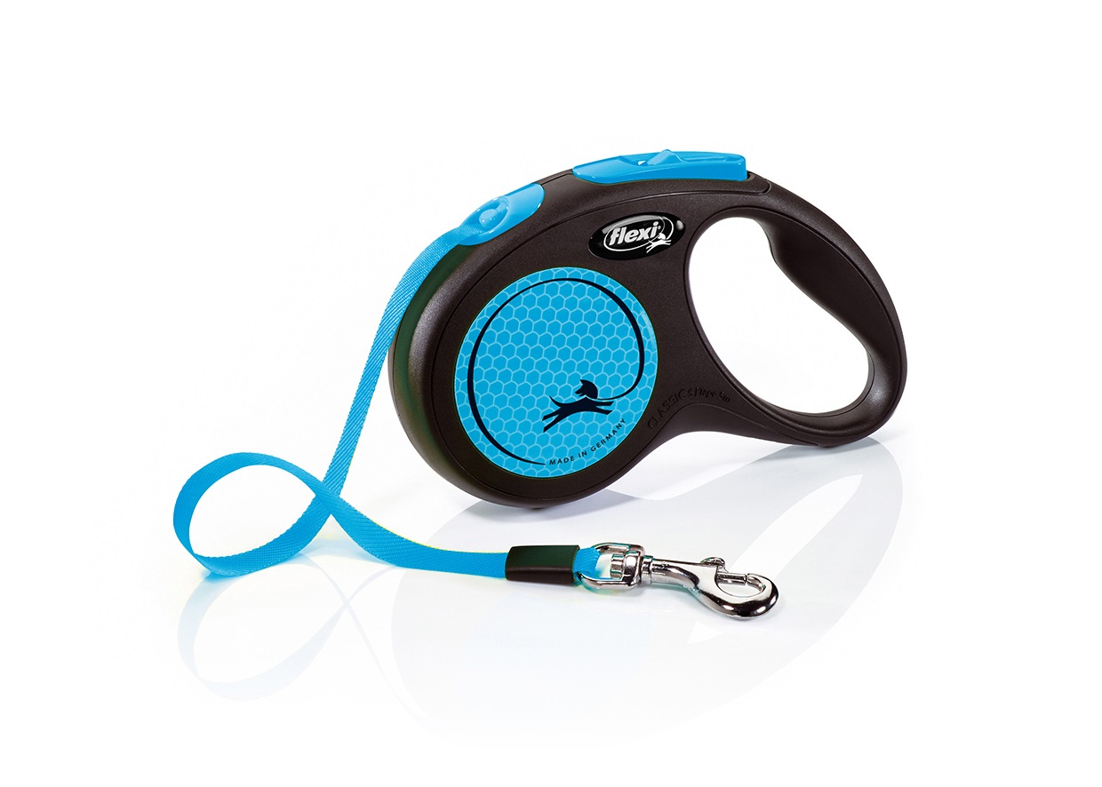 FLEXI Guinzaglio Retrattile Automatico New Neon 5 m Blu e Nero per Cani fino a 15 kg con Componenti Riflettenti