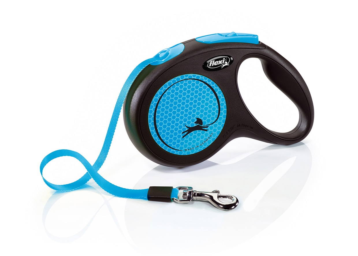 FLEXI New Neon Guinzaglio Retrattile 5 m Blu e Nero per Cani fino a 25 kg con Impugnatura Ergonomica e Componenti Riflettenti
